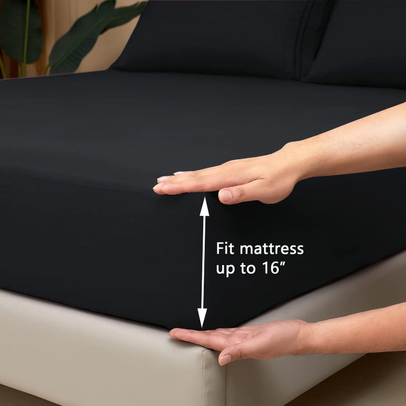 Mejoroom King Size Bed Sheet Set - Hotel Luxury 1800 Bedding Sheets & Pillowcases - 16" Deep Pocket Fitted Sheet, Soft, Breathable, Wrinkle & Fade Resistant - 4 Piece(King, Black) - Image 3